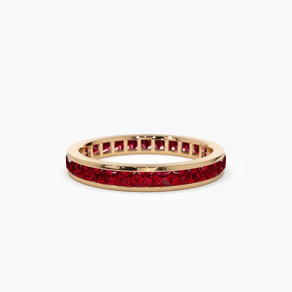 Elegant 18K Solid Gold Full Eternity Ruby Ring with Princess Cut Stones