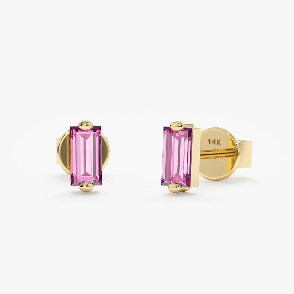 18K Solid Gold Pink Sapphire Baguette Stud Earrings