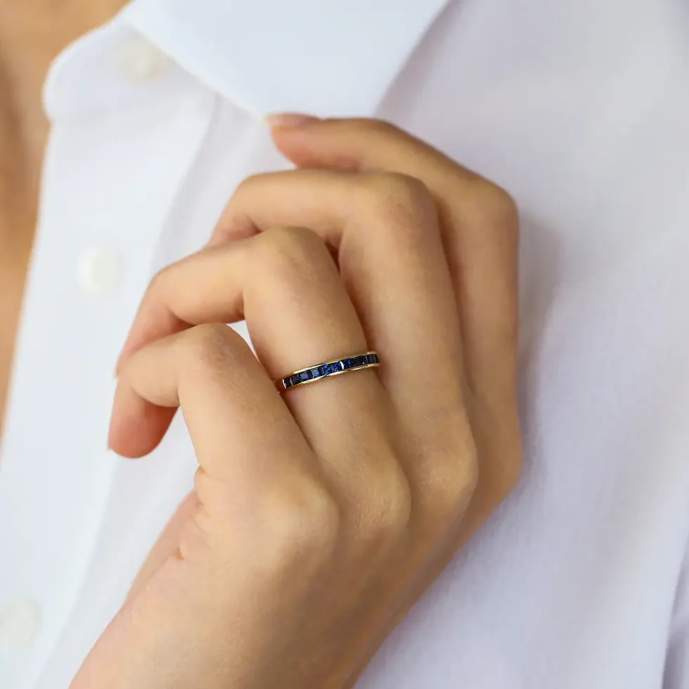 Thumbnail: 18K Solid Gold Sapphire Eternity Wedding Band (Princess Cut)