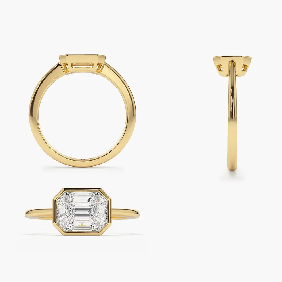 Thumbnail: 14K Solid Gold East West Illusion Emerald Pie Cut Diamond Engagement Ring