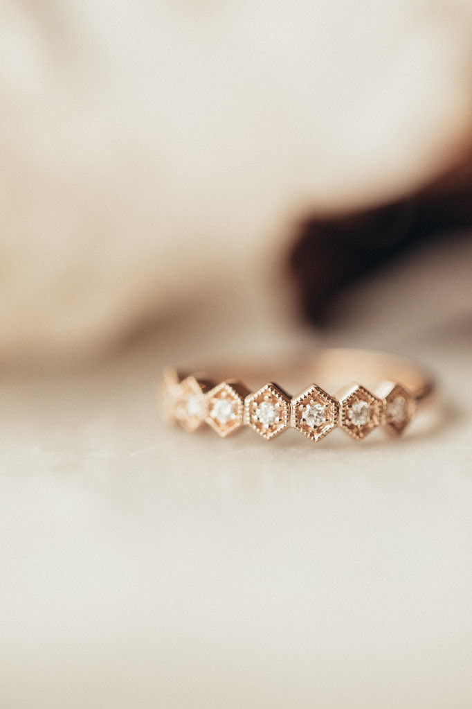 Solid Gold Large Hexagon Milgrain Prong Set Diamond Band