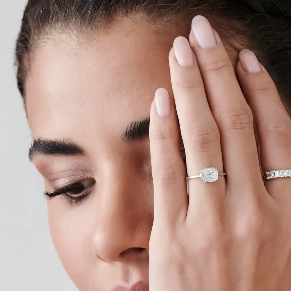 Thumbnail: 14K Solid Gold East West Illusion Emerald Pie Cut Diamond Engagement Ring