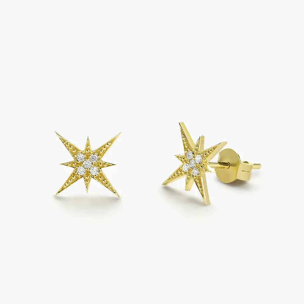 18K Solid  Gold Starburst Diamond Earrings