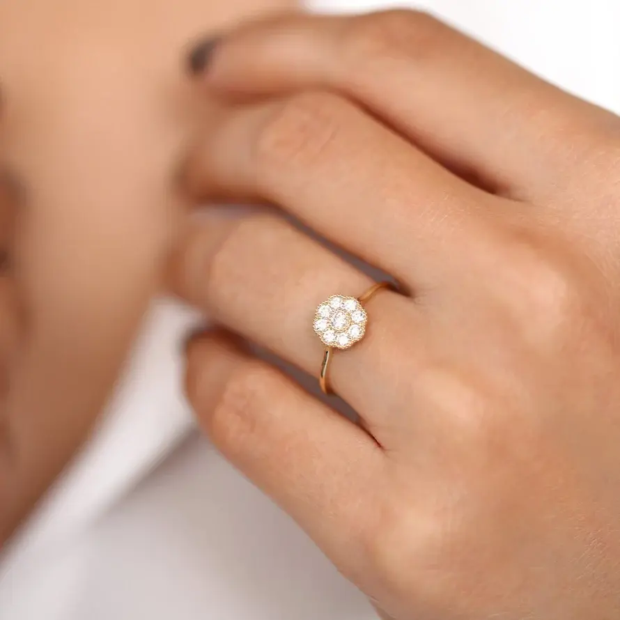 Thumbnail: Modern 18K Solid Gold Diamond Flower Ring