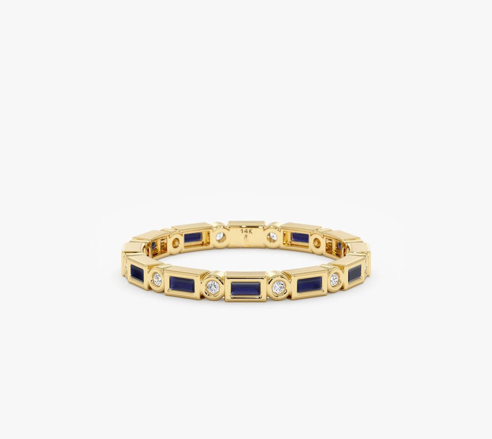 14K Solid Gold Diamond and Baguette Sapphire Eternity Ring