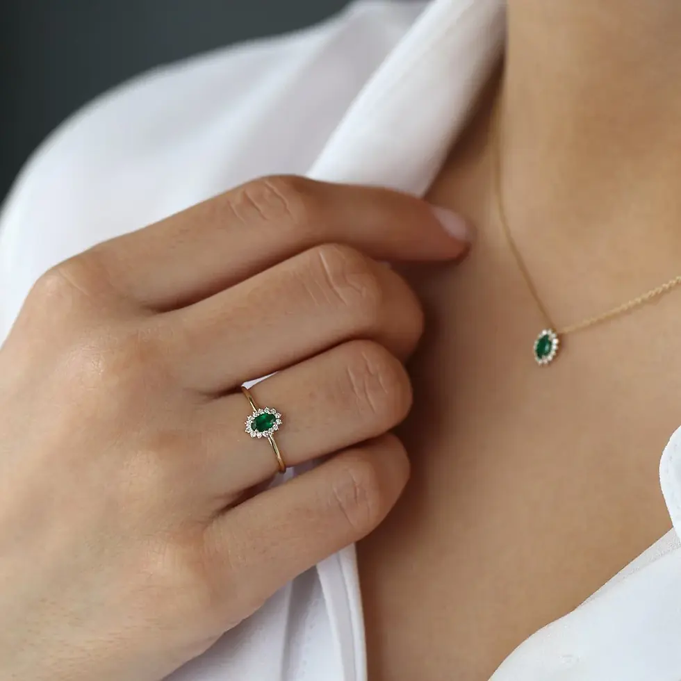 Thumbnail: 14K Solid Gold Emerald Ring with Halo Diamonds Ring