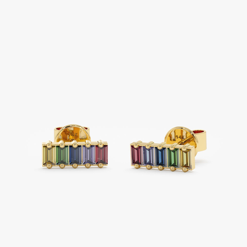 14K Solid Gold Baguette Rainbow Sapphire Bar Earrings
