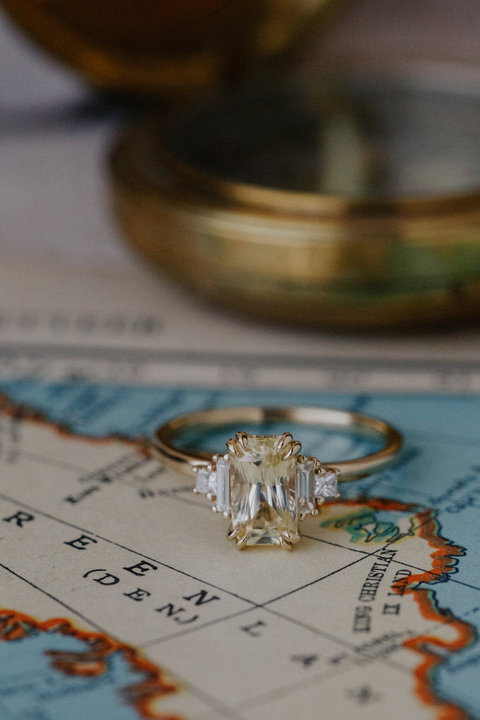 Thumbnail: Emerald Cut Yellow Sapphire & Diamond Side Stones Ring