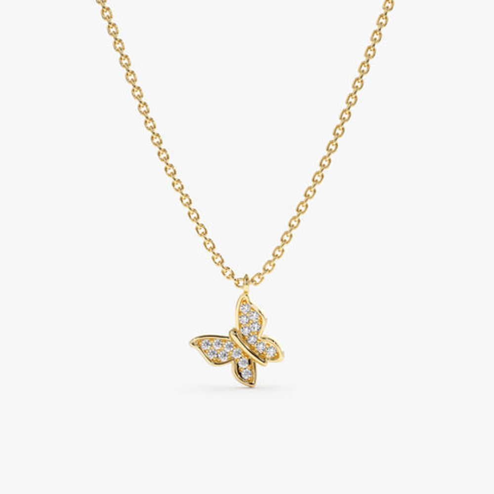 14K Solid Gold Diamond Butterfly Charm Necklace