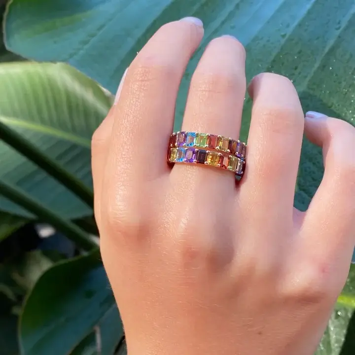 Rainbow Emerald Cut Eternity Band