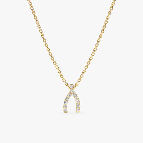 18K Solid Gold Diamond Wishbone Necklace