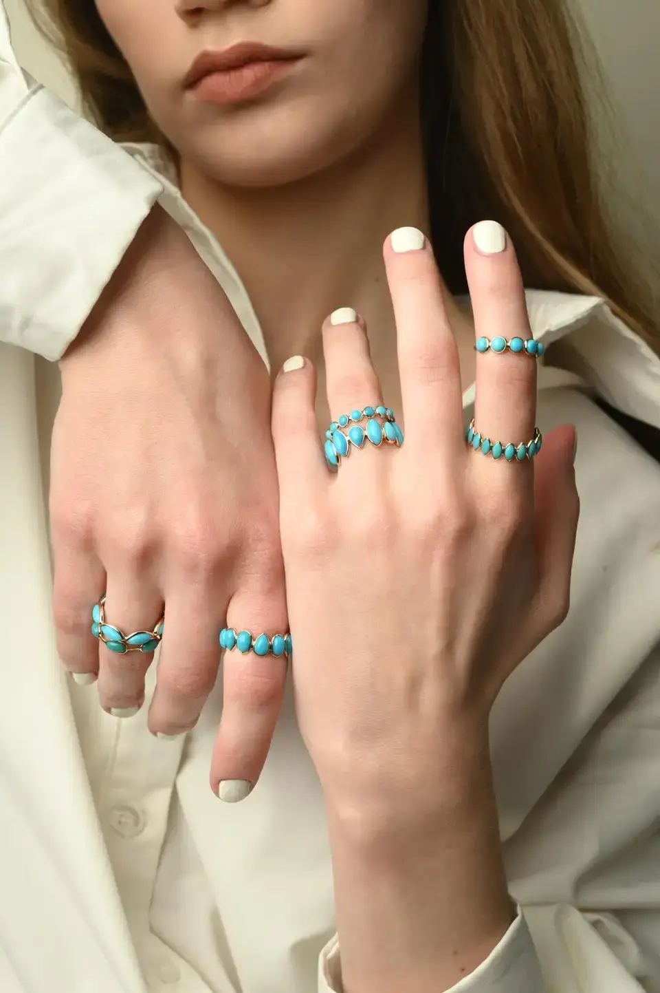 Thumbnail: Solid Gold Half Eternity Band with Round Turquoise Stones