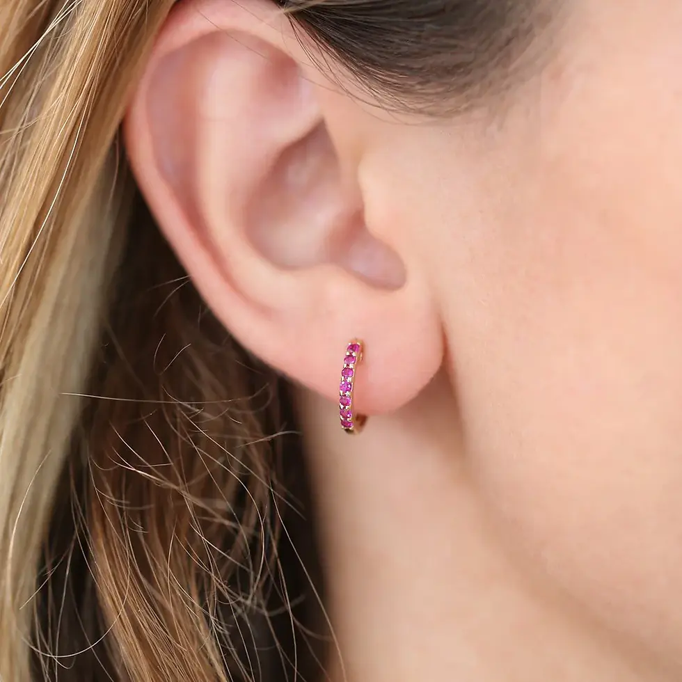 Thumbnail: 18K Solid Gold Ruby Huggie Hoop Earrings
