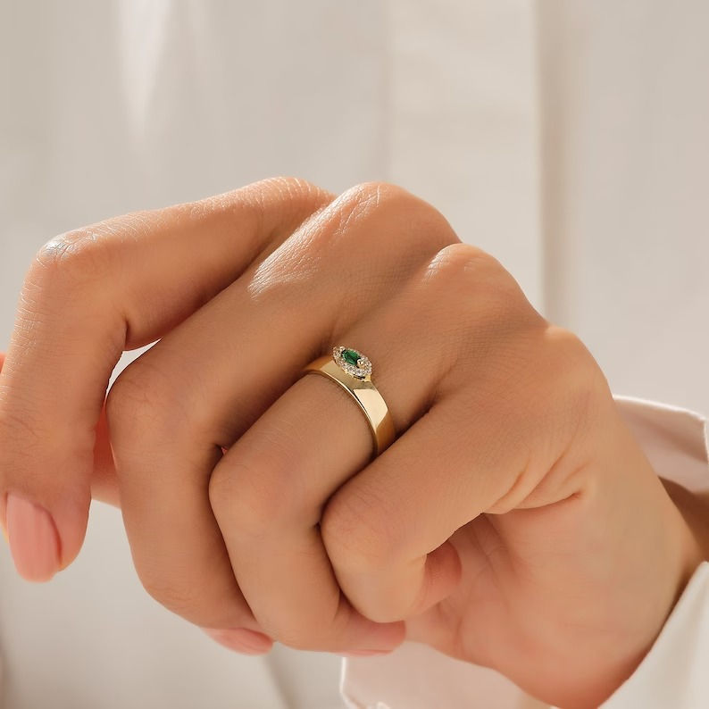 Elegant 18K Solid Gold Marquise Cut Emerald Band