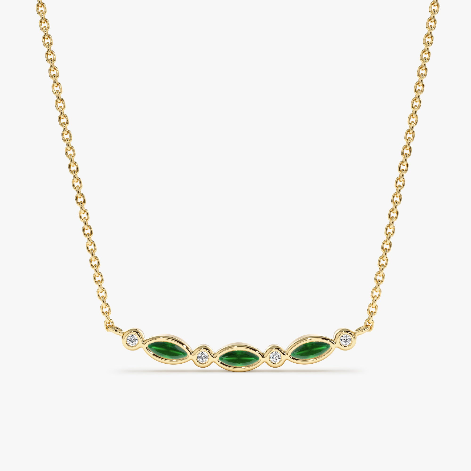 18K Solid Gold Curved Emerald & Diamonds Bar Necklace