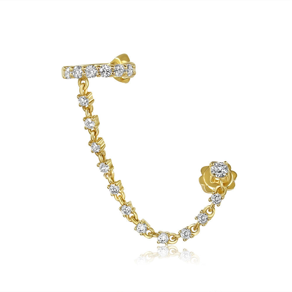 18K Solid Gold Diamond Round Stud Rope Connecting Ear Cuff