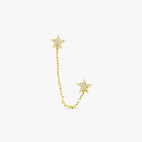 18K Solid Gold Double Diamond Star Chain Stud Earrings