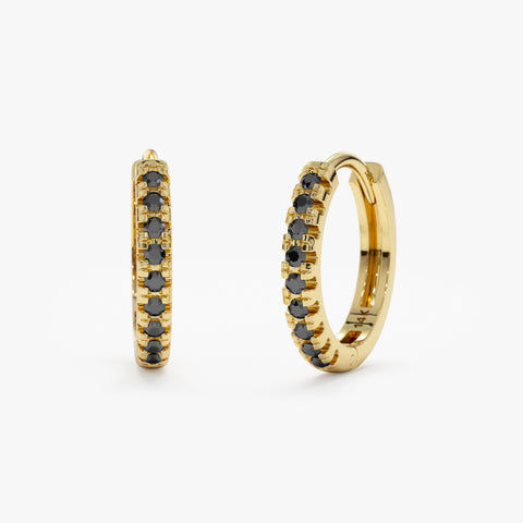 18K Solid Gold Black Diamond Huggie Hoop Earrings