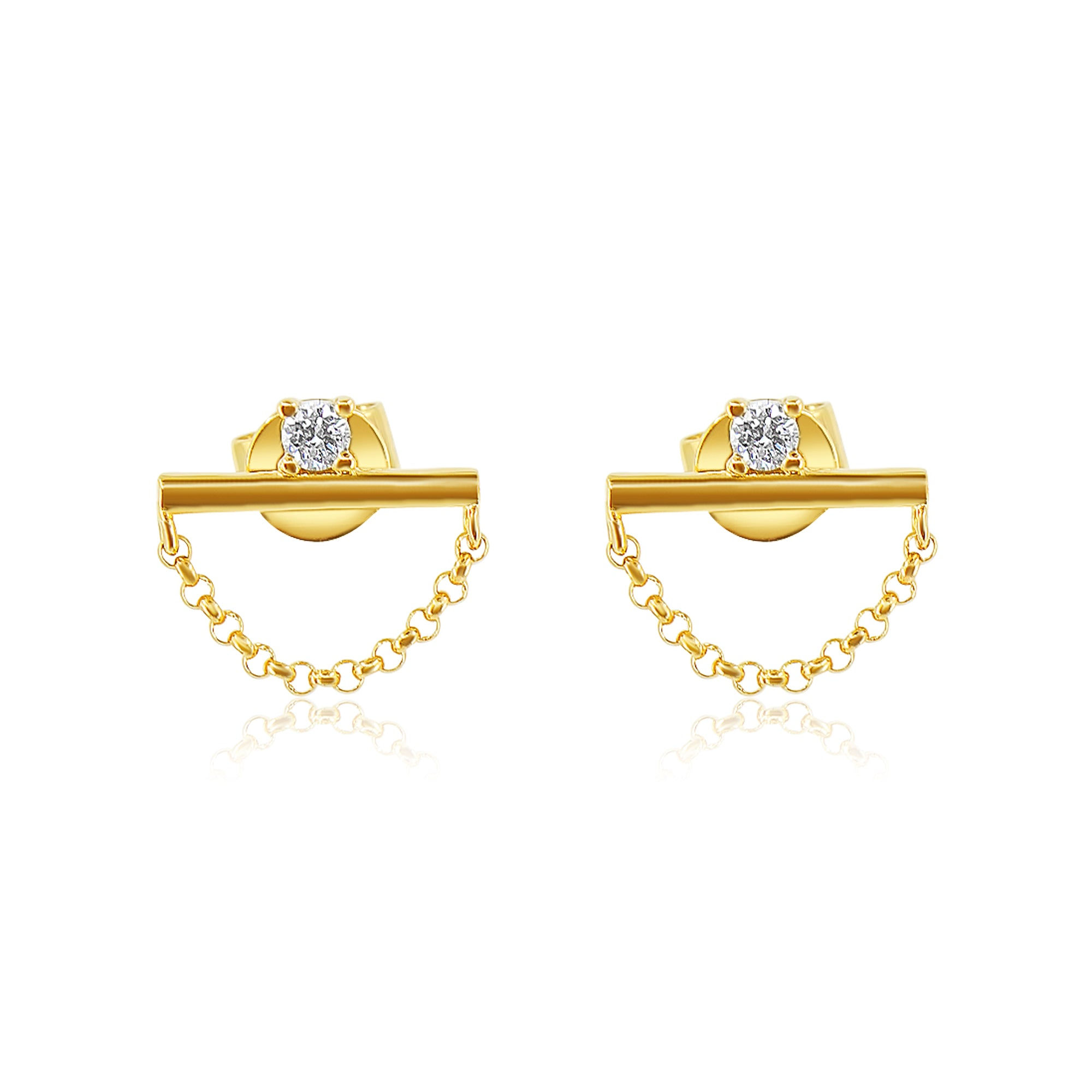 18K Solid Gold Mini Square Diamond Bar Chain Link Stud Earrings