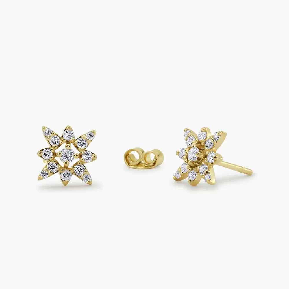 14K Solid Gold Compass Star Diamond Earrings