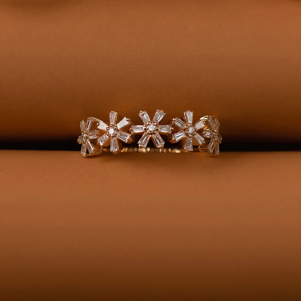 Thumbnail: 18K Solid Gold Baguette Diamond Multi Flower Design Ring