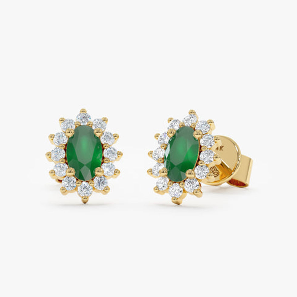 14K Solid Gold Oval Emerald Halo Diamond Studs