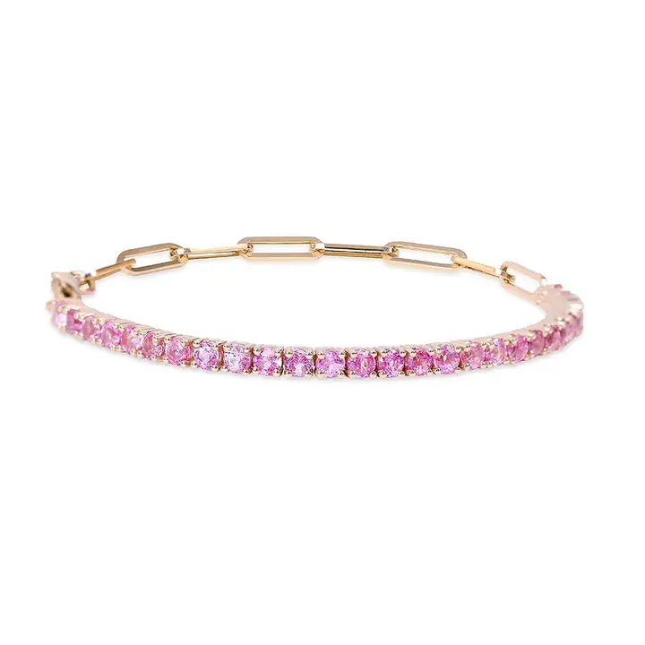 14K Solid Gold Half Pink Sapphire Tennis  Paperclip  Chain Bracelet