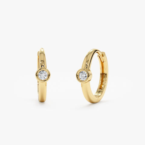 18K Solid Yellow Gold Diamond Bezel Huggies