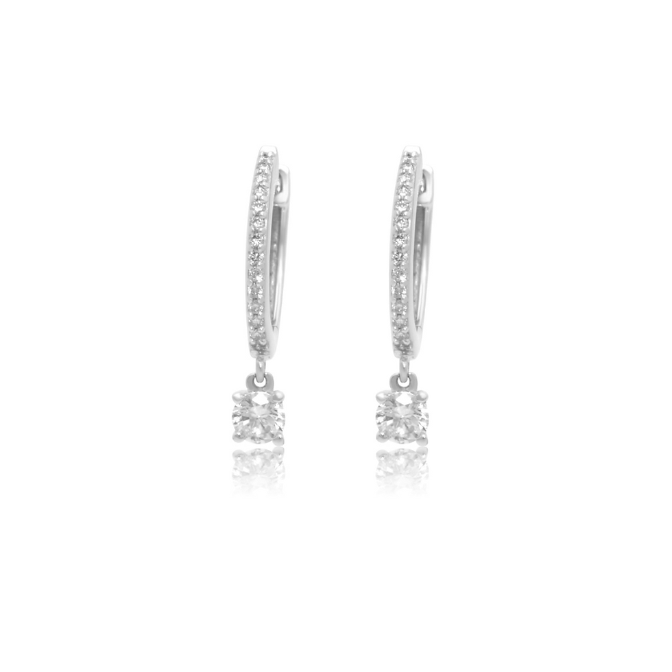 Elegant 18K Gold Diamond Hoop Earring with Four Prong Drop