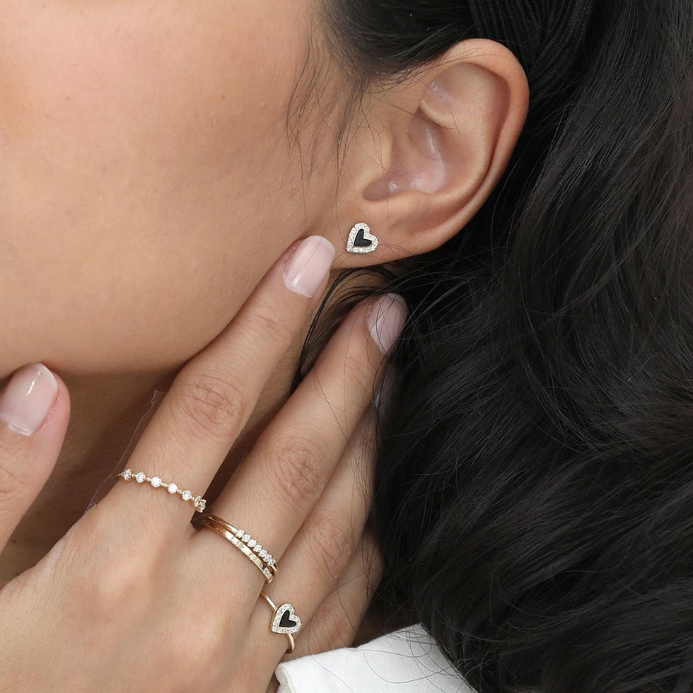 Thumbnail: 18K Solid Gold Black Enamel Heart Diamond Studs