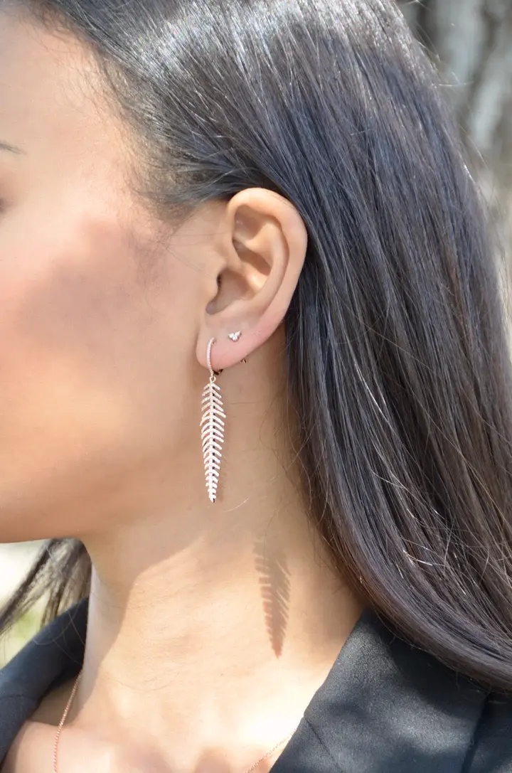 14K Solid Gold Diamond Feather Drop Earrings