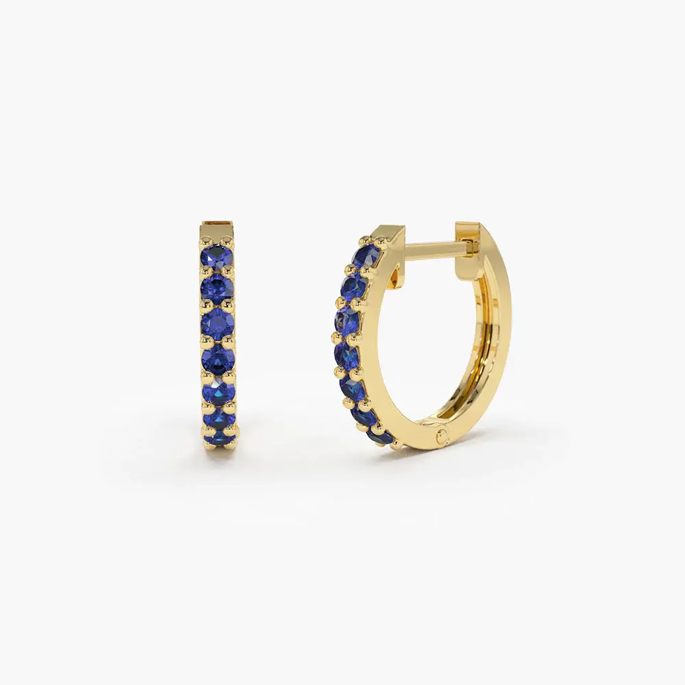 18K Solid Gold Sapphire Huggie Hoop Earrings