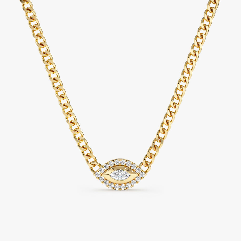 14K Solid Gold Diamond Evil Eye Cuban Chain Necklace