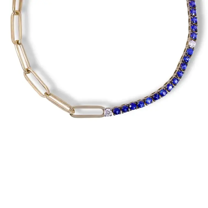 Thumbnail: 14K Solid Gold Half Sapphire and Diamond Tennis Paperclip Chain Bracelet