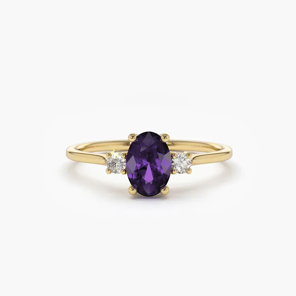 14K Solid Gold Oval Shape Amethyst and Diamond Ring