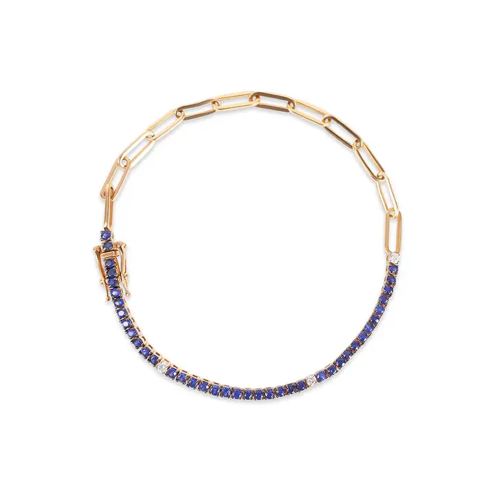 Thumbnail: 14K Solid Gold Half Sapphire and Diamond Tennis Paperclip Chain Bracelet