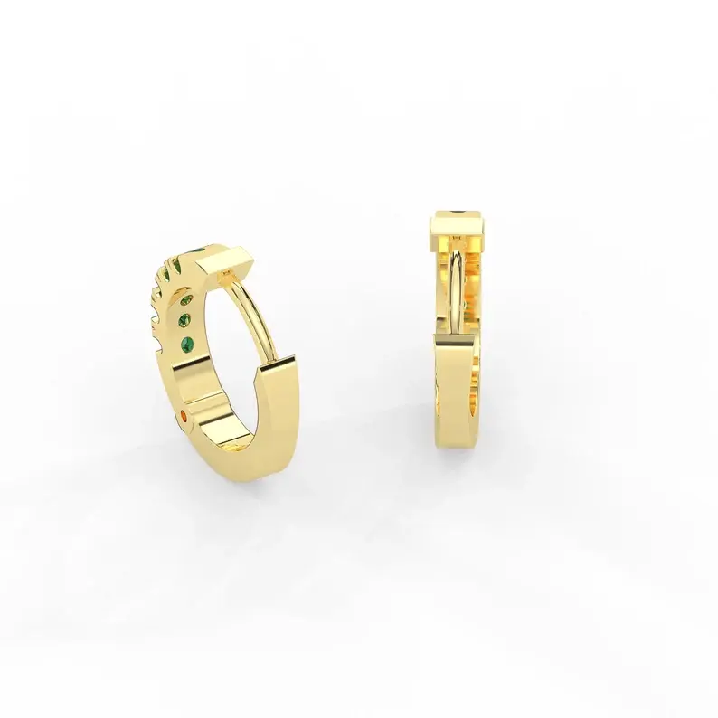 Thumbnail: 18K Solid Gold Tiny Hoop Emerald Earrings