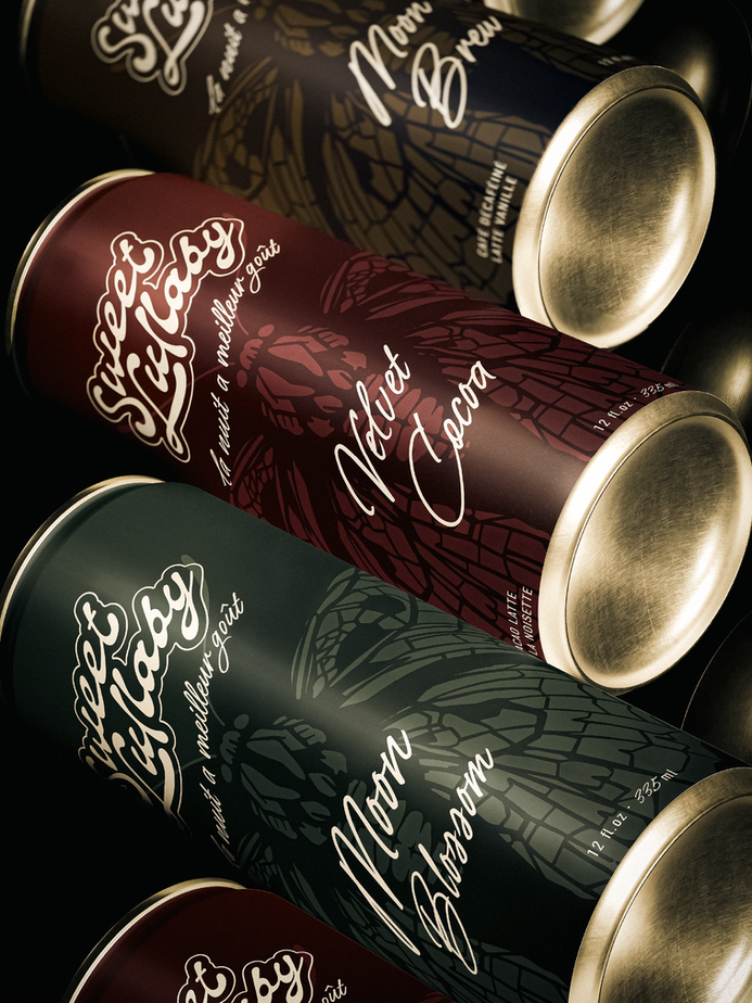 Identité visuelle Sweet Lullaby, création de logo et packaging pour une boisson sans caféine ni stimulants, avec un univers graphique inspiré de la nuit et du sommeil.