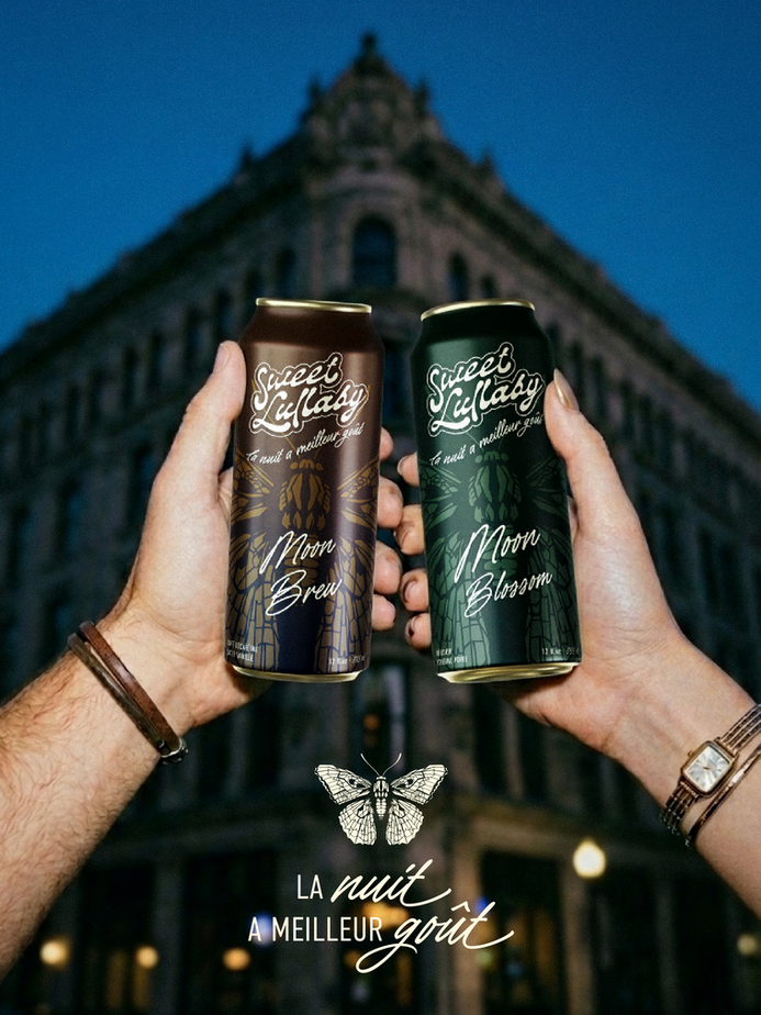 Identité visuelle Sweet Lullaby, création de logo et packaging pour une boisson sans caféine ni stimulants, avec un univers graphique inspiré de la nuit et du sommeil.