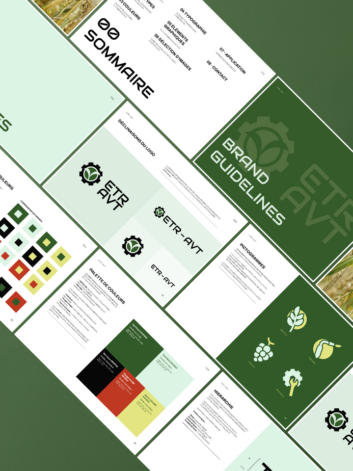 Refonte de l'identité visuelle ETR-AVT, entreprise française spécialisée dans la conception de machines agricoles et viticoles sur mesure. Création d'un univers graphique professionnel valorisant le savoir-faire industriel, l'innovation et une agriculture plus responsable.