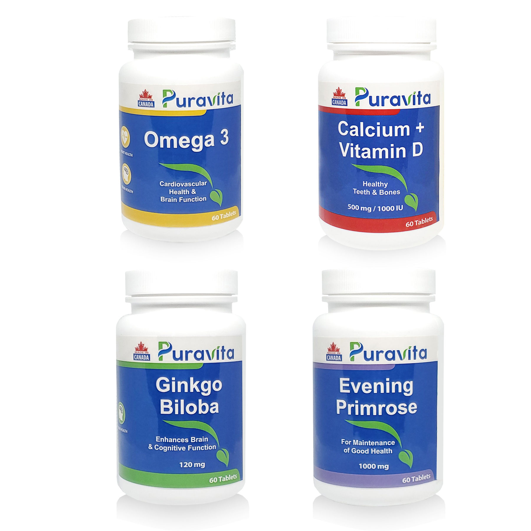 Calcium + Vitamin D, Evening Primrose, Ginkgo Biloba, Omega 3