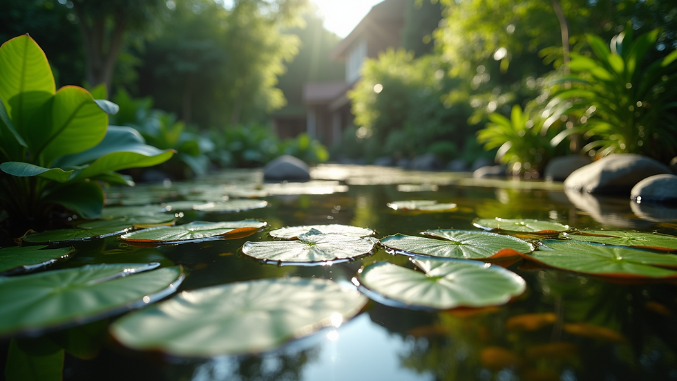 Eye-level view of a serene backyard pond with tropical plants