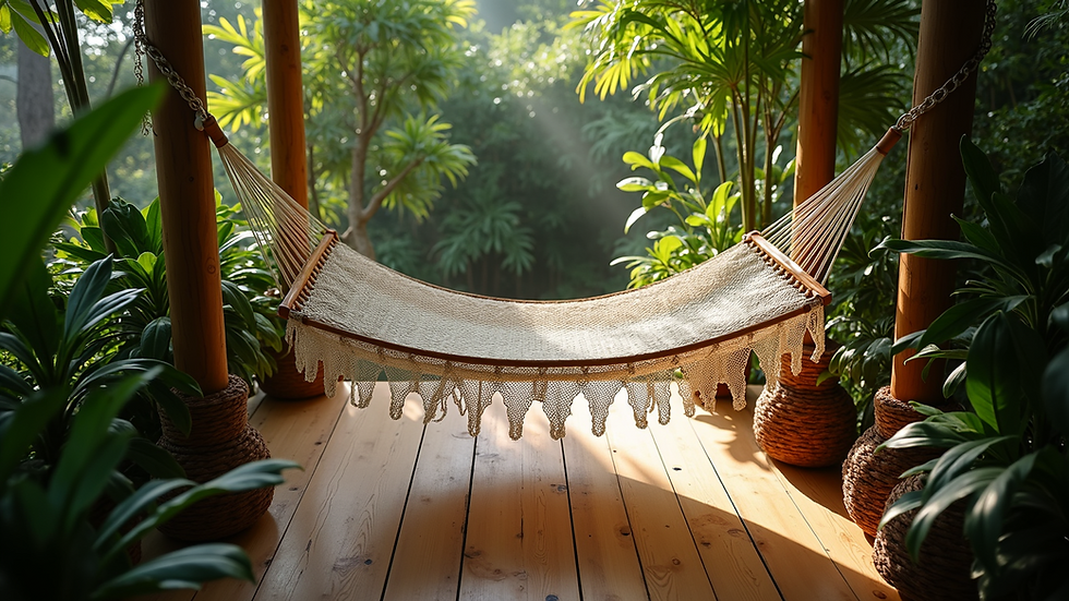 High angle view of a cozy hammock surrounded by tropical plants