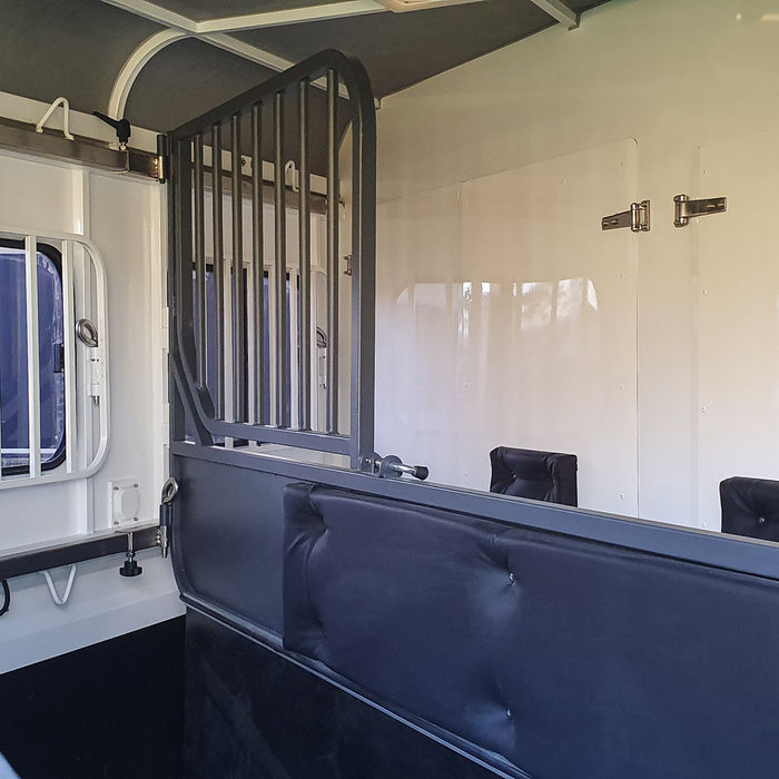 Stallion dividers in the angle load horse bays inside the Riviera 2 Horse Angle Load Overnighter Deluxe horse float