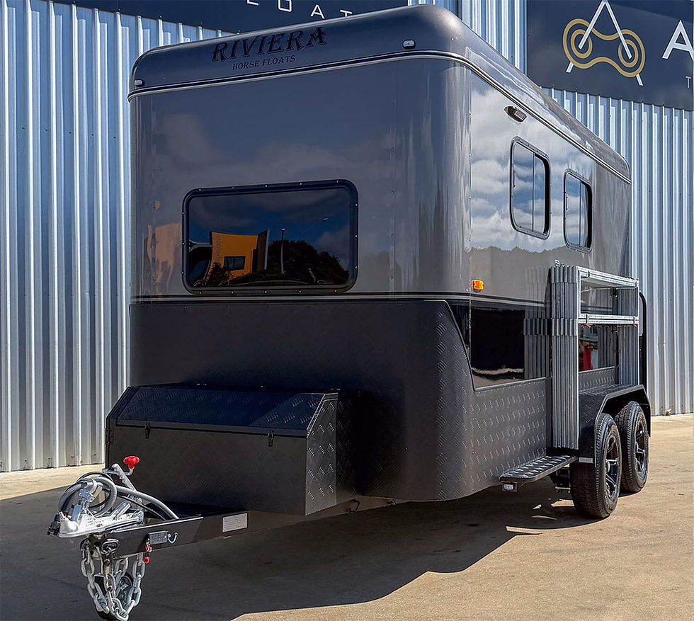Front three-quarter angle view of the Riviera 2 Horse Straight Load Eco horse float