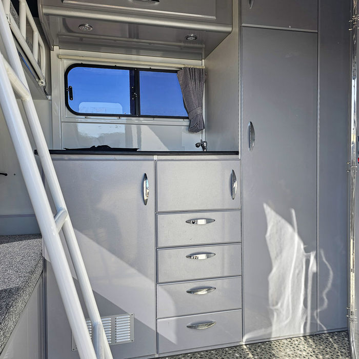 Front kitchen inside the Riviera 2 Horse Angle Load Bunk Bed Basic Camper horse float
