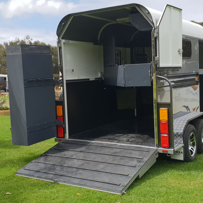 Opened rear view of the Riviera 2 Horse Angle Load Warmblood horse float