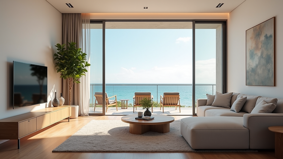 High angle view of a modern vacation rental living room with ocean view