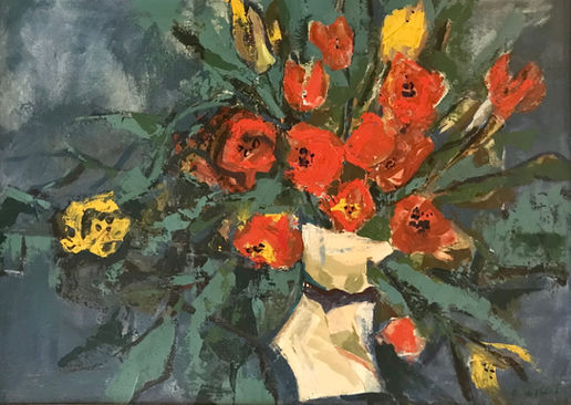 elma neufeld, red painting, tulips, moody, floral, expressive
