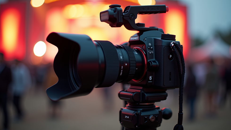 Close-up view of a film camera on a tripod at a festival venue